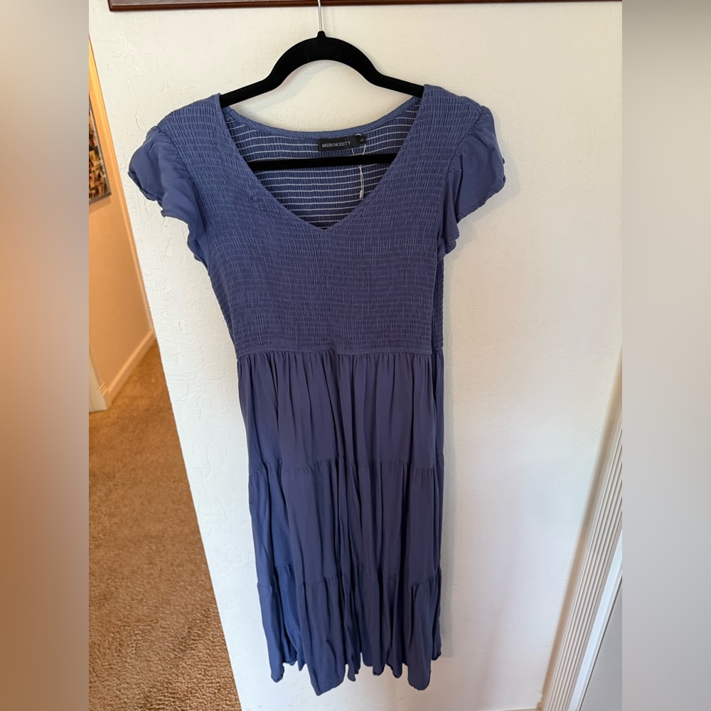 Blue Smocked Midi Dress